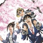 Illustration colorée de trois jeunes amis sous un cerisier en fleurs, symbolisant l'amitié et la saison printanière, avec un style manga dynamique.