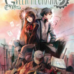 Véhicule mécanique vert avec deux personnages d'anime, illustrant un style futuriste et technologique pour le thème "Green Mechanic".