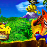 Personnage de Crash Bandicoot en pleine course dans un environnement tropical coloré, avec forêt, montagnes et animaux, pour un jeu d'aventure amusant et captivant.