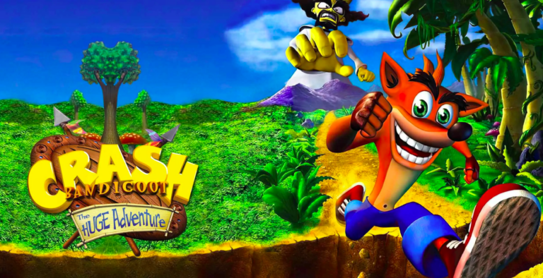 Personnage de Crash Bandicoot en pleine course dans un environnement tropical coloré, avec forêt, montagnes et animaux, pour un jeu d'aventure amusant et captivant.