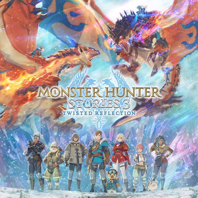 Illustration dynamique de Monster Hunter Stories 3 avec des dragons et des personnages dans un paysage fantastique enneigé.
