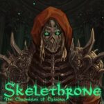 Illustration d'un personnage effrayant avec un masque et une armure sombre, dans un décor sombre et mystérieux, évoquant un univers de jeu vidéo fantastique.