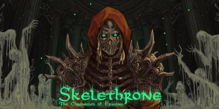 Illustration d'un personnage effrayant avec un masque et une armure sombre, dans un décor sombre et mystérieux, évoquant un univers de jeu vidéo fantastique.