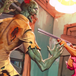 Combat intense entre un zombie et un homme armé dans une maison abandonnée, ambiance effrayante et tension palpable.