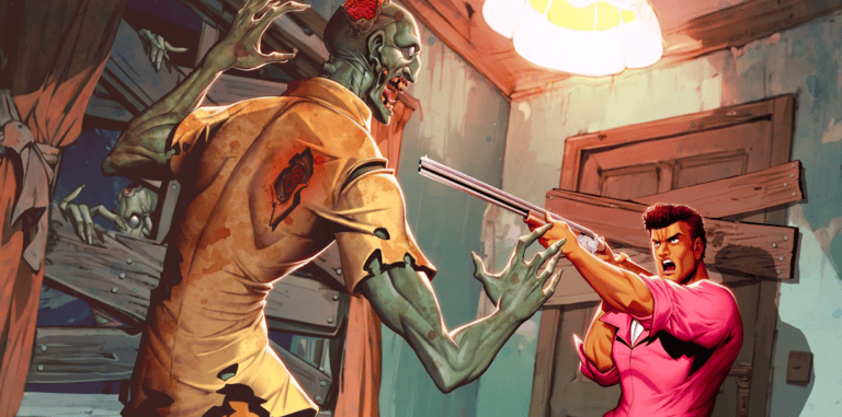 Combat intense entre un zombie et un homme armé dans une maison abandonnée, ambiance effrayante et tension palpable.