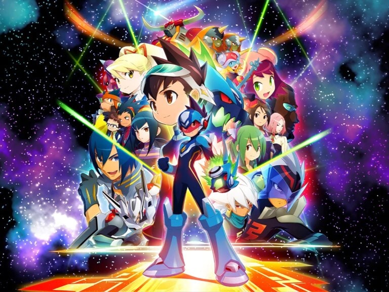 Image de la collection Mega Man Star Force Legacy, mettant en avant des personnages emblématiques dans un univers spatial coloré.