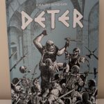 Une illustration de la couverture du jeu "Deter" montrant un chef de guerre squelettique menant une armée de squelettes dans une bataille épique, évoquant la stratégie, la défense et la conquête.