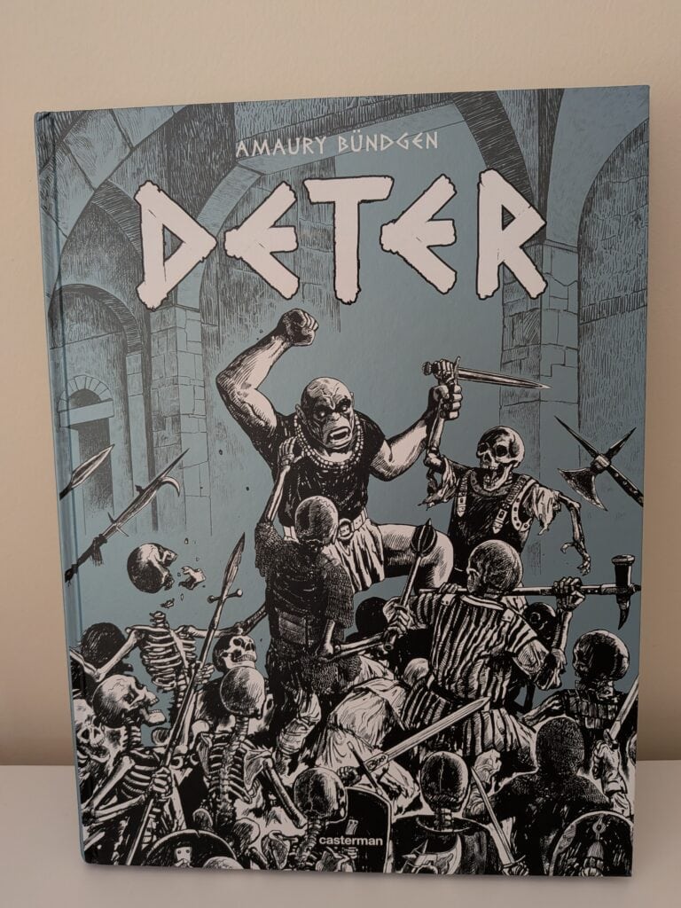 Une illustration de la couverture du jeu "Deter" montrant un chef de guerre squelettique menant une armée de squelettes dans une bataille épique, évoquant la stratégie, la défense et la conquête.