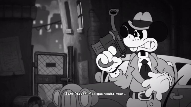 Mickey Mouse en détective avec chapeau et loupe, dans un décor urbain sombre.