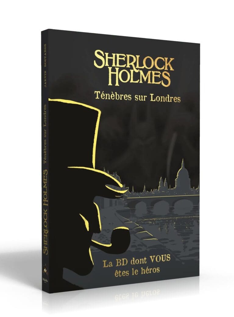 Detective Sherlock Holmes face à l'obscurité sur Londres, illustrant une enquête graphique intense.