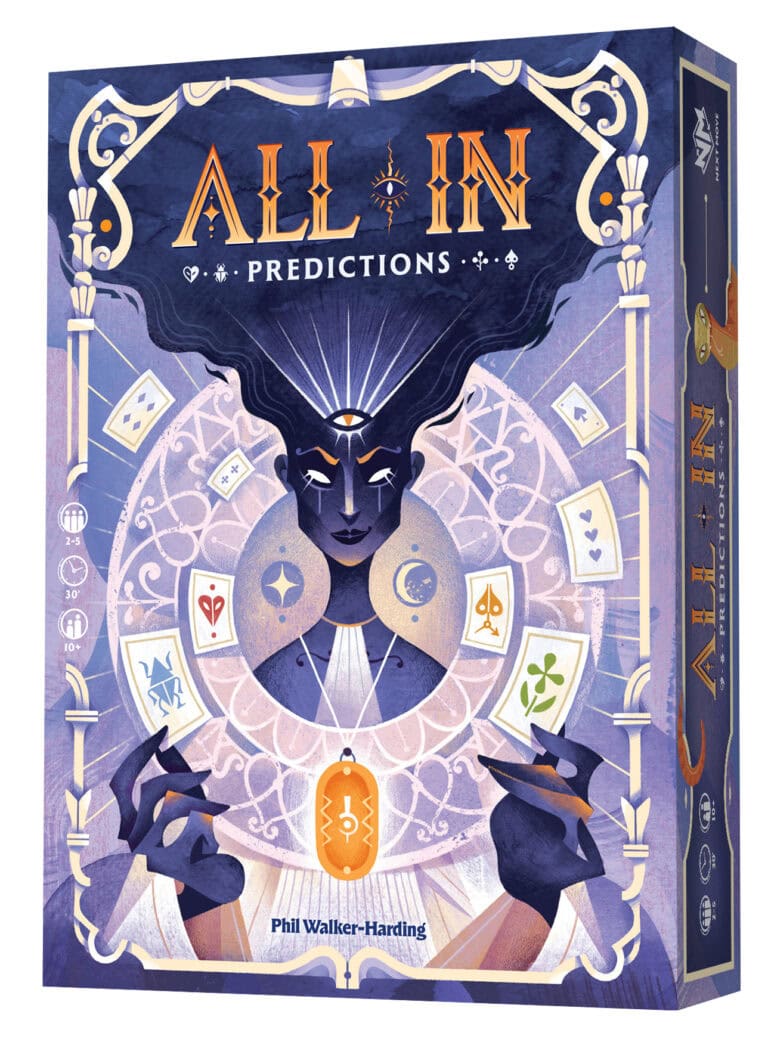 Illustration artistique représentant une femme mystérieuse avec des cartes et des symboles, évoquant la stratégie et la chance dans un jeu de société. Parfait pour un jeu de prédictions et de h.