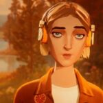 Jeune femme avec casque audio dans un paysage naturel automnal, évoquant l'univers du gaming en extérieur, parfait pour illustrer l'expérience immersive et la liberté du jeu en plein air.
