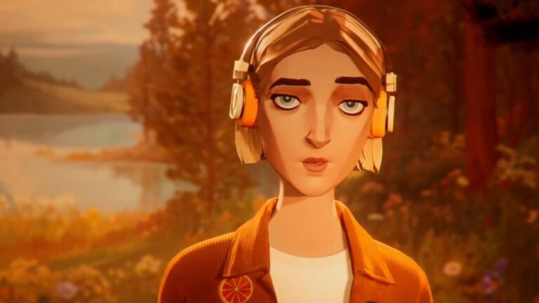 Jeune femme avec casque audio dans un paysage naturel automnal, évoquant l'univers du gaming en extérieur, parfait pour illustrer l'expérience immersive et la liberté du jeu en plein air.