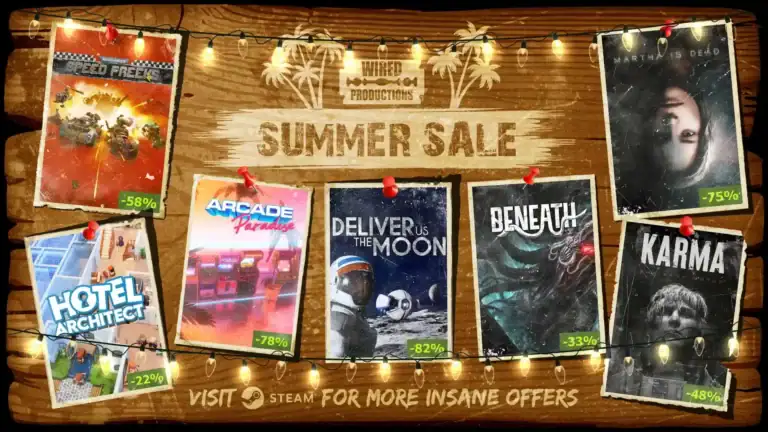 Collection de jeux vidéo et bandes dessinées en promotion pour les soldes d'été Wired 2026, avec affiches et décorations lumineuses.