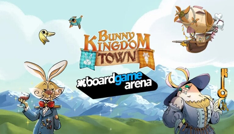 Image promotionnelle de Bunny Kingdom Town, jeu de société disponible sur Board Game Arena, avec personnages de lapins et un dirigeable dans un paysage montagneux.