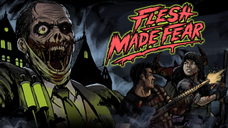 Affiche de Flesh Made Fear montrant un zombie et deux survivants armés dans un style graphique sombre et effrayant.