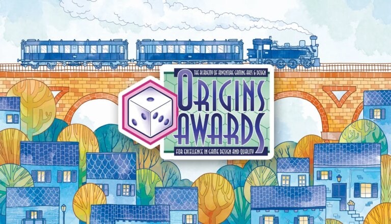 Illustration colorée de trains et de villes avec le logo des Origins Awards, mettant en valeur le jeu Railroad Tiles récompensé.