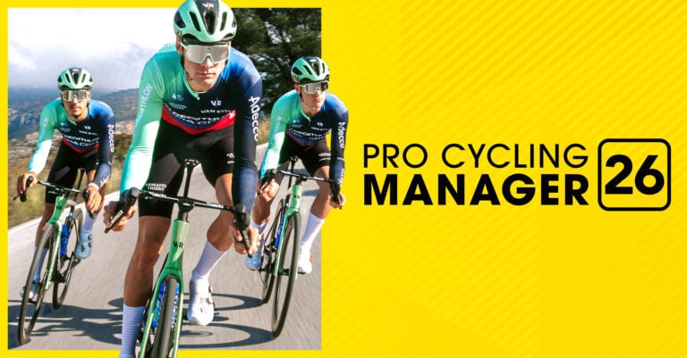 Capture d'écran de Pro Cycling Manager 26 montrant des cyclistes en course sur une route ensoleillée.