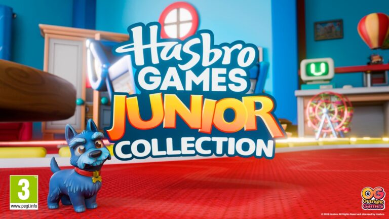 Logo de la collection Hasbro Games Junior avec un décor de chambre d'enfants colorée et un chien en jouet en premier plan.