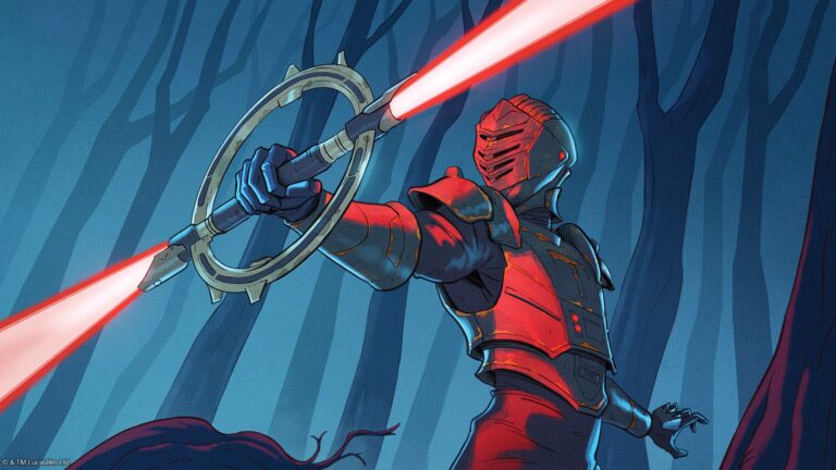 Personnage mystérieux en armure rouge et noire, tenant une arme laser dans une forêt sombre, style bande dessinée.