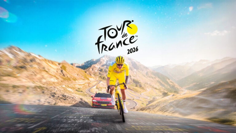 Cycliste en pleine ascension lors du Tour de France 2026, avec un paysage montagneux spectaculaire en arrière-plan et une voiture d'accompagnement. Image dynamique illustrant l'événement cycliste maje.