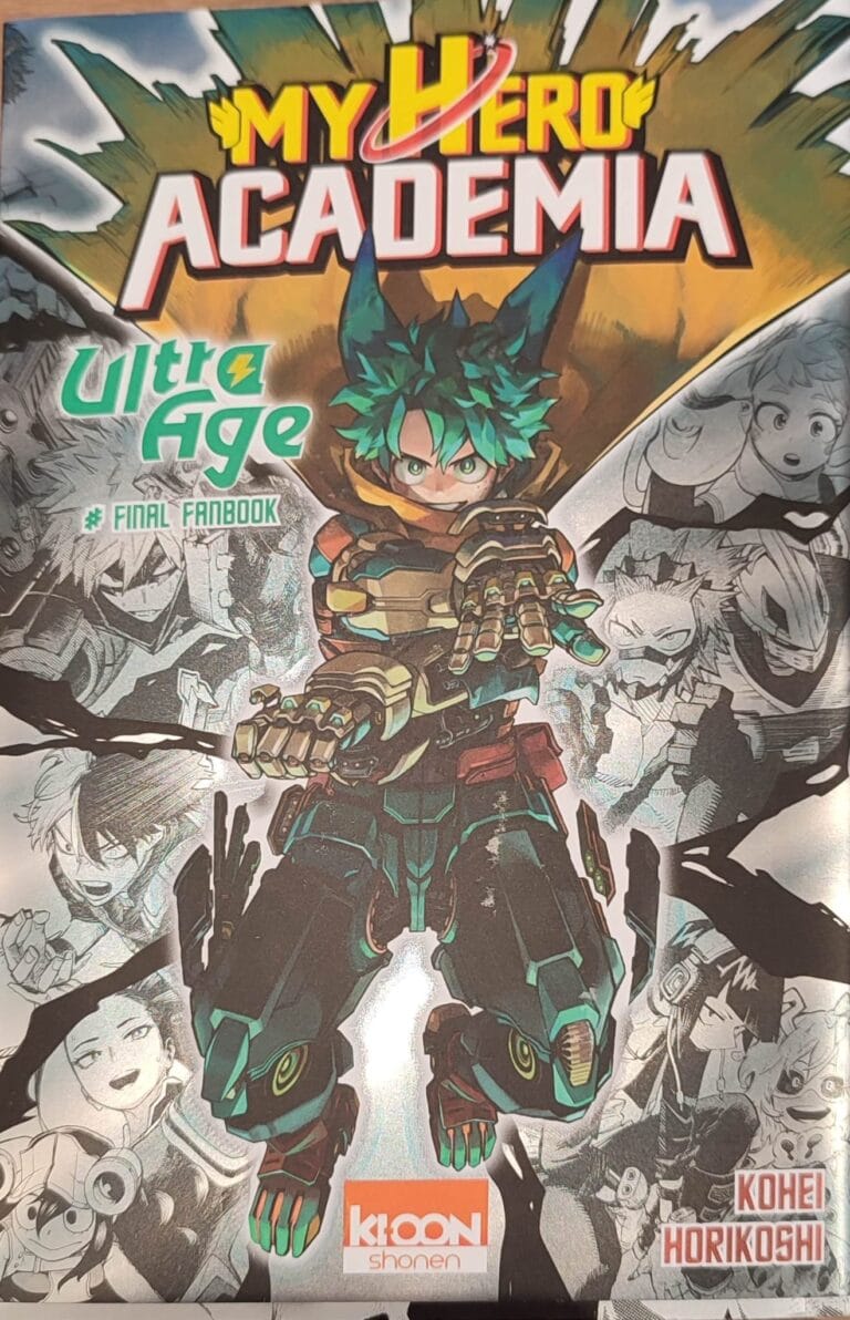 Couverture du fanbook My Hero Academia Ultra Age, illustrant un personnage principal en tenue de héros avec des éléments de manga et d'anime, entouré d'autres personnages en arrière-plan.