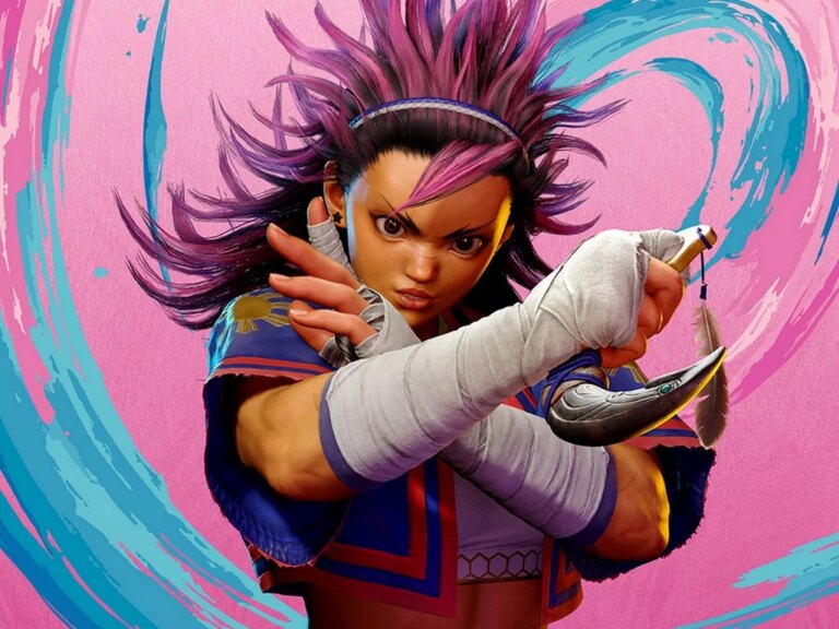 Yasmine, personnage de Street Fighter 6, avec une coiffure colorée et une posture de combat dynamique, dans un décor vibrant et artistique.