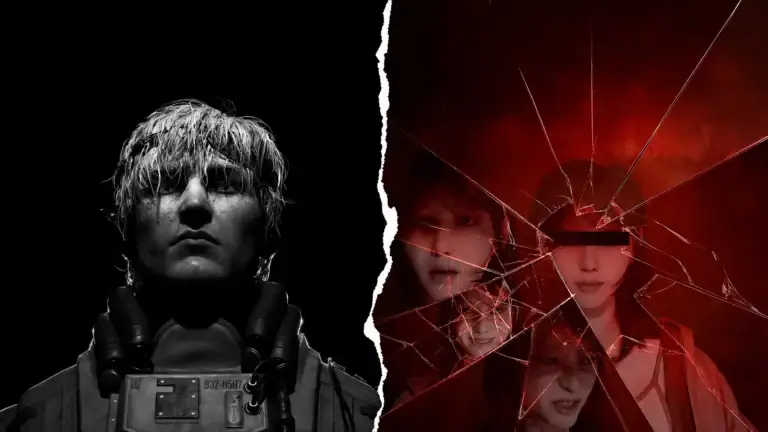 Trois personnages mystérieux dans un jeu vidéo d'horreur, avec un effet de vitre brisée et une ambiance sombre et inquiétante.