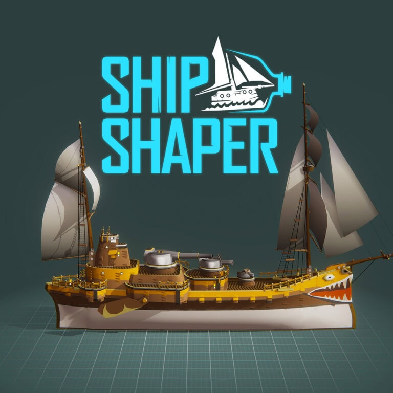 Image du jeu ShipShaper montrant un bateau en construction avec voiles et détails de design innovants.