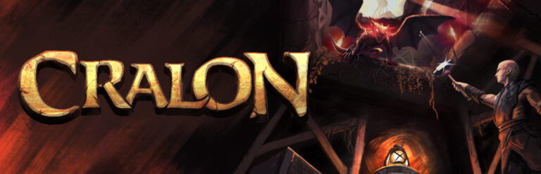 Image promotionnelle de Cralon, jeu vidéo, avec logo et éléments de design liés à l'univers du jeu.