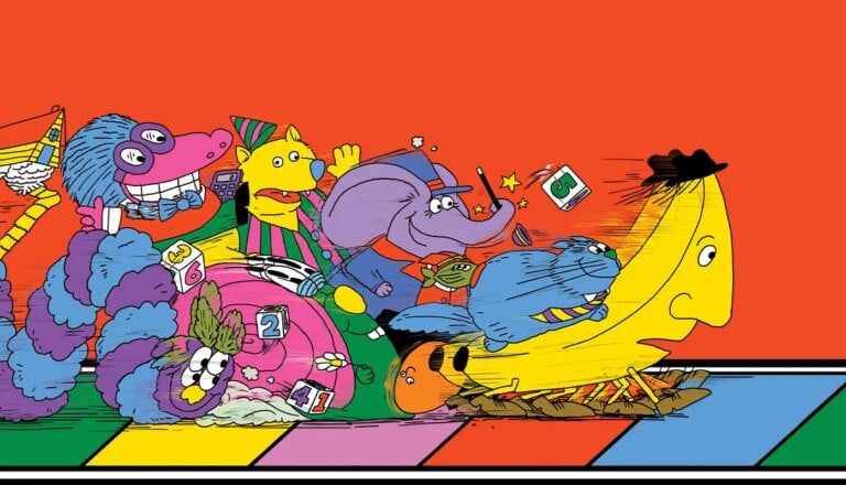 Une illustration colorée d'animaux anthropomorphes en compétition, représentant la diversité et la compétition dans un style cartoon.