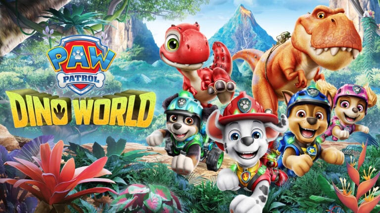Personnages de PAW Patrol dans un décor préhistorique avec dinosaures et végétation luxuriante.