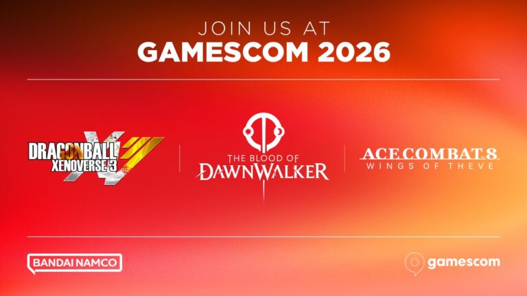 Affiche promotionnelle pour GAMESCOM 2026 avec jeux comme Dragon Ball Xenoverse 4, Dawnwalker, Ace Combat 8 et Bandai Namco.