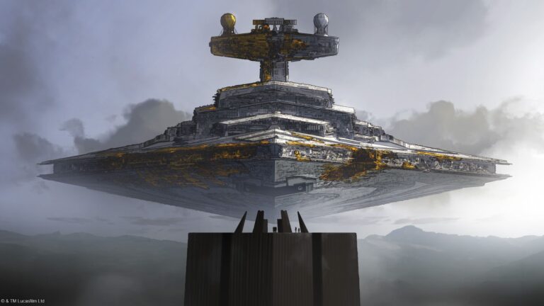 Vaisseau spatial emblématique de Star Wars, grandeur impressionnante, flottant dans un ciel nuageux, évoquant l'univers de science-fiction et d'aventure.