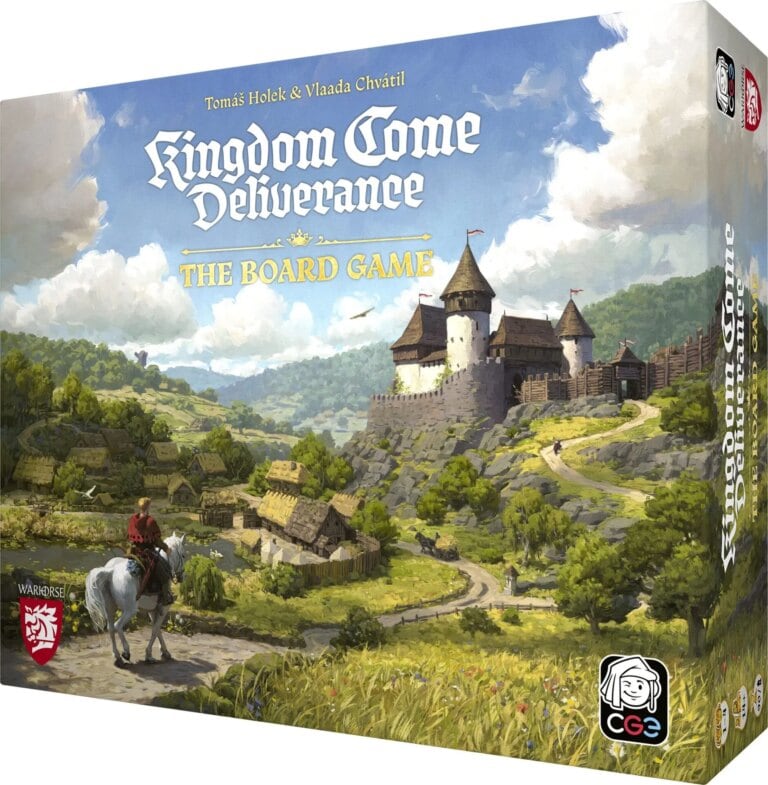 Jeu de plateau Kingdom Come Deliverance avec illustration d'un château médiéval et paysage rural verdoyant.