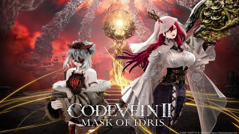 Deux personnages féminins dans un décor apocalyptique avec des éléments fantastiques et lumineux, illustrant l'univers sombre de CODE VEIN II.