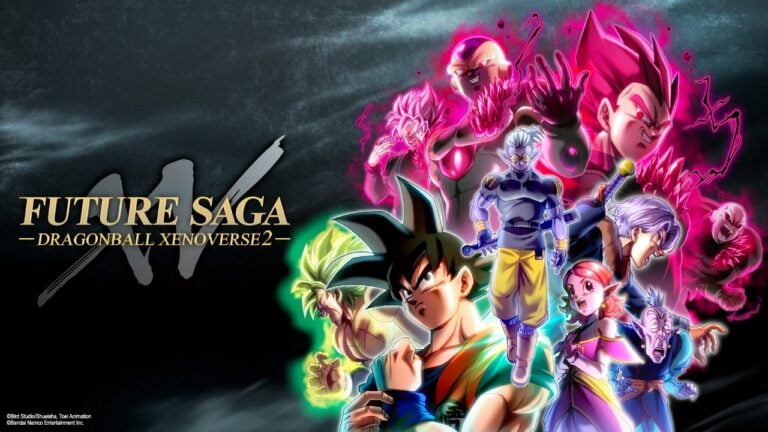 Groupe de personnages de Dragon Ball XENOVERSE 2 avec Goku au centre et d'autres combattants puissants en arrière-plan dans un style dynamique et coloré.