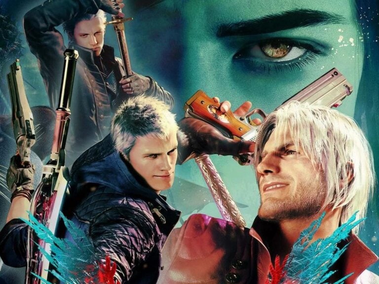 Image promotionnelle de Devil May Cry 5 Hunter Edition pour Nintendo Switch avec personnages principaux et éléments du jeu.
