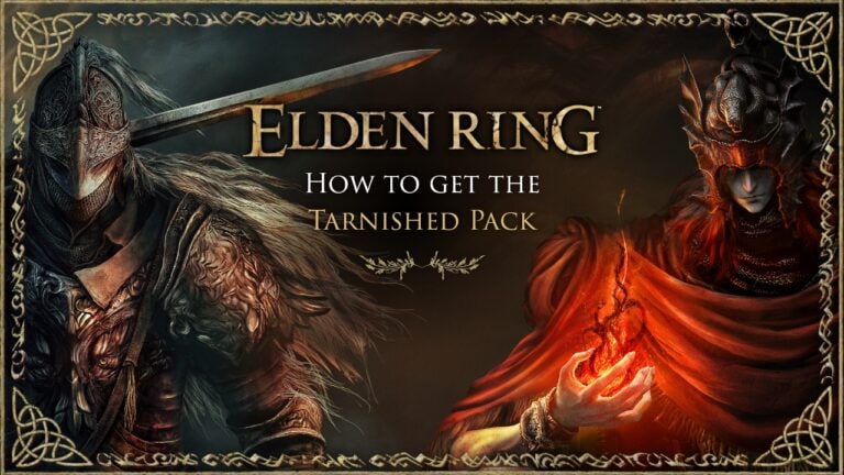 Image promotionnelle pour Elden Ring montrant deux personnages en armure et robes sombres, preats pour le combat, avec un fond sombre et ornemental.