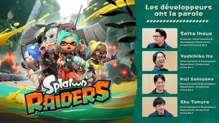 Personnages de Splatoon Raiders en pleine action avec des armes et des couleurs vives, illustrant le jeu vidéo pour une revue de jeux.