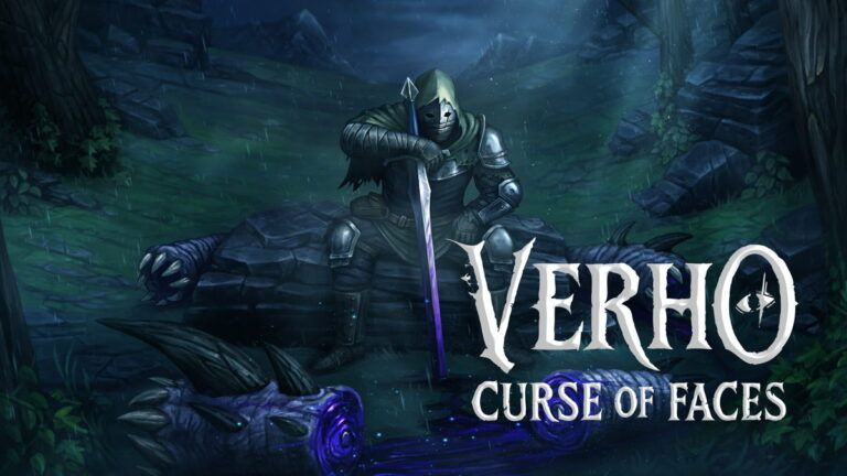 Personnage masqué dans un environnement sombre et mystérieux, tenant une épée lumineuse, pour le jeu vidéo Verho – Curse of Faces.