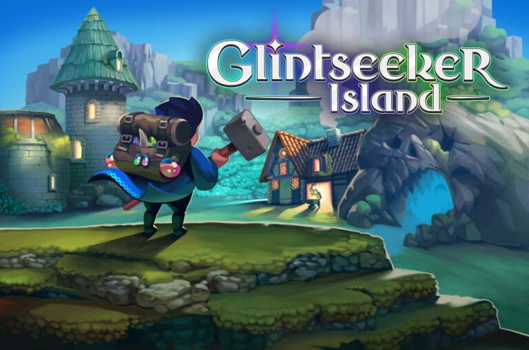 Personnage avec caméra sur l'île de Glintseeker, paysage coloré avec château et cascade, dans un style artistique de jeu vidéo fantastique.