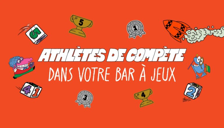 Illustration colorée avec des personnages de jeux et des trophées pour promouvoir les athlètes de compétition dans un bar à jeux.