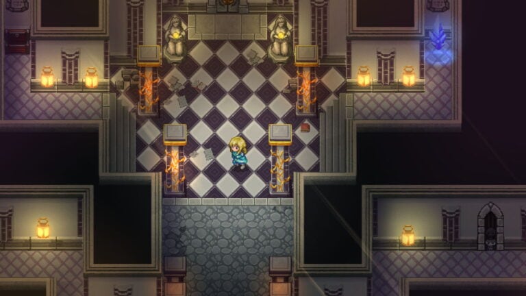 Personnage de jeu vidéo explorant un donjon sombre avec des torches et des décorations gothiques.