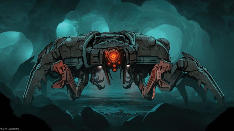 Crabe mécanique futuriste avec un œil lumineux rouge, dans un décor sombre et mystérieux, évoquant la science-fiction et l'univers des jeux vidéo.