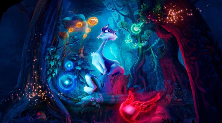 Illustration magique de Wispwood avec créatures fantastiques dans une forêt enchantée, mettant en valeur l'univers mystérieux et féerique du jeu.