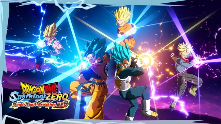 Goku, Vegeta, et d'autres personnages de Dragon Ball en pleine bataille avec des effets d'énergie lumineux et des éclairs colorés.