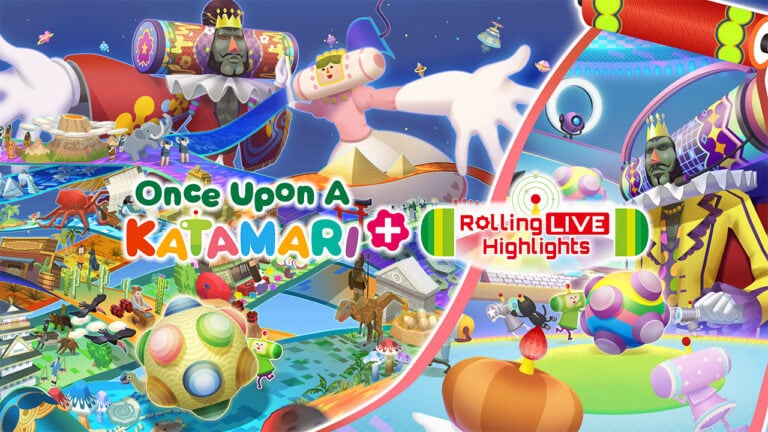 Capture d'écran du jeu vidéo Once Upon A KATAMARI sur Nintendo Switch avec des personnages colorés et un univers fantastique.