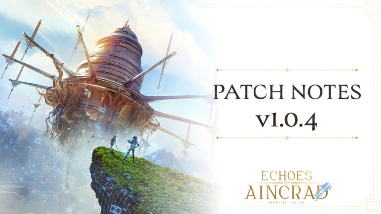 Image illustrant la mise à jour 1.0.4 de Echoes of Aincrad avec un paysage fantastique et un vaisseau aérien futuriste.