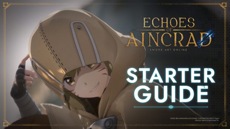 Image promotionnelle pour le guide du débutant d'Echoes of Aincrad, avec un personnage d'anime portant un casque doré et un hoodie, souriant.